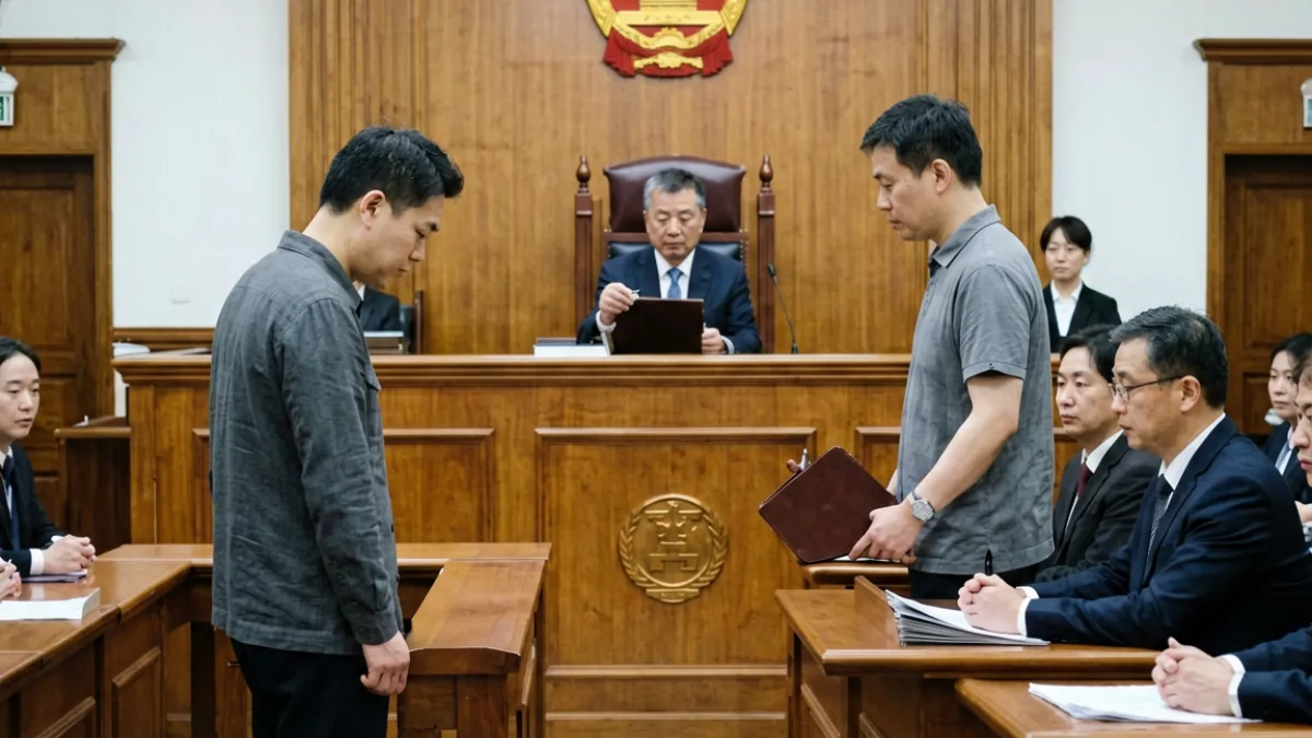法官在庭审中宣读针对跨境黄色视频网站运营者的判决书，被告低头站立于被告席