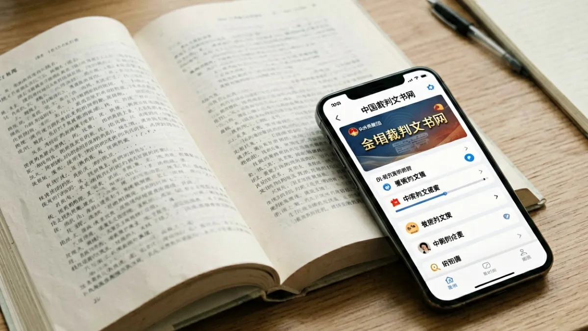 法律书籍与手机屏幕并排摆放，手机屏幕显示涉及黄色视频案件的裁判文书查询界面