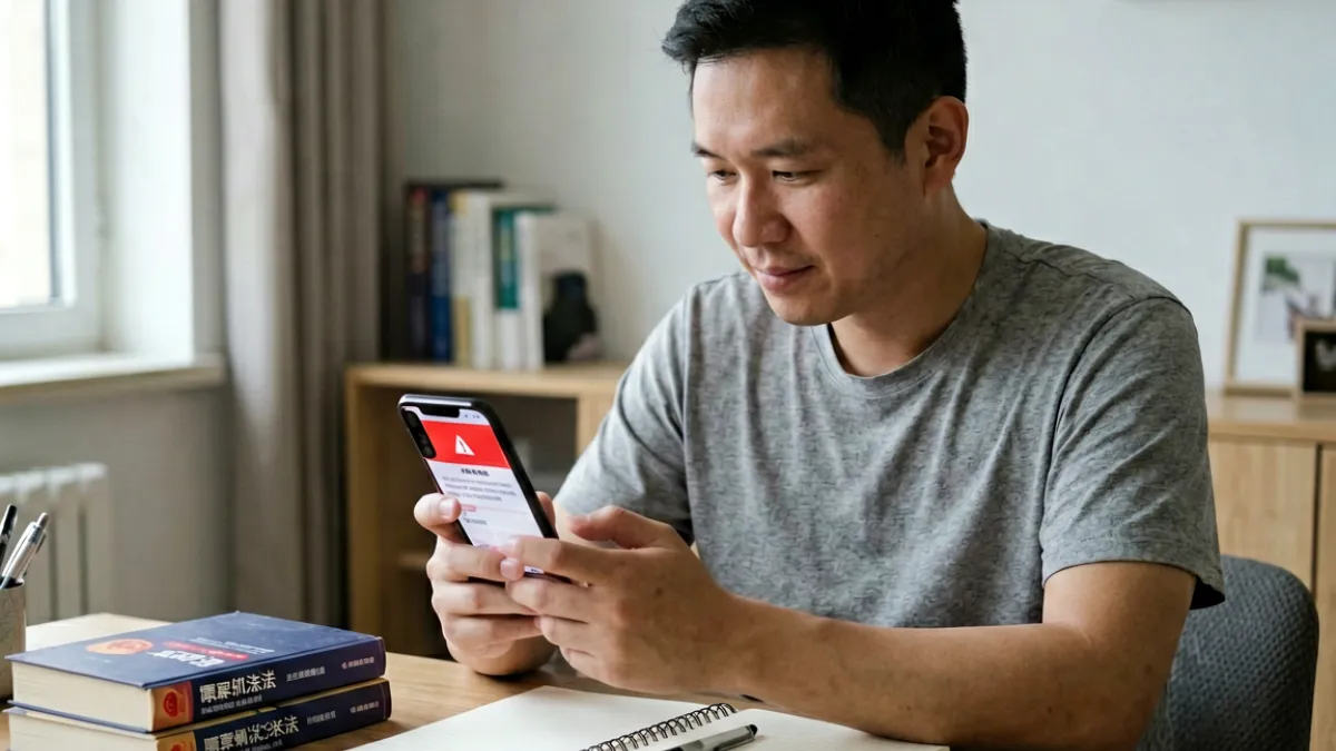 一名用户面对手机屏幕上的内容审查提示，周围有法律条文书籍，体现黄色视频相关的法律风险场景