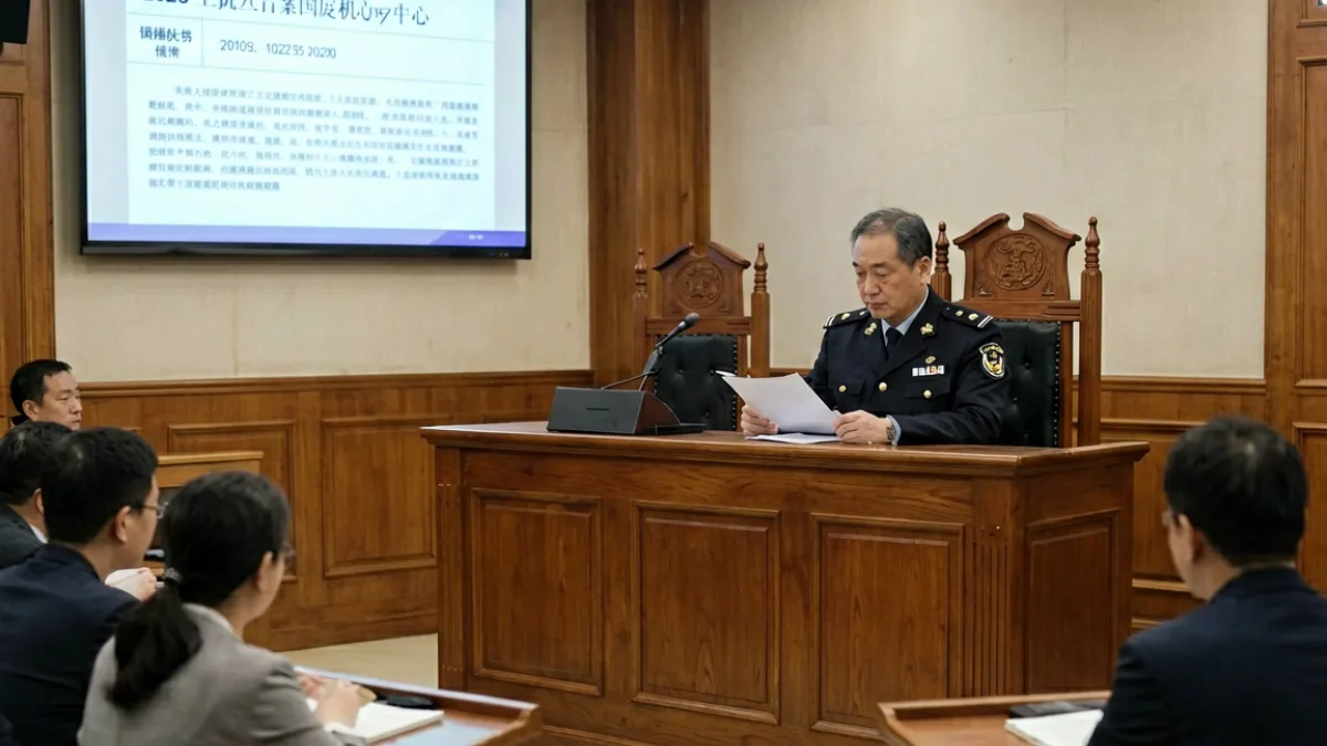 法庭庭审现场示意图，法官手持判决书，旁边屏幕显示涉及黄色视频传播案件的庭审记录