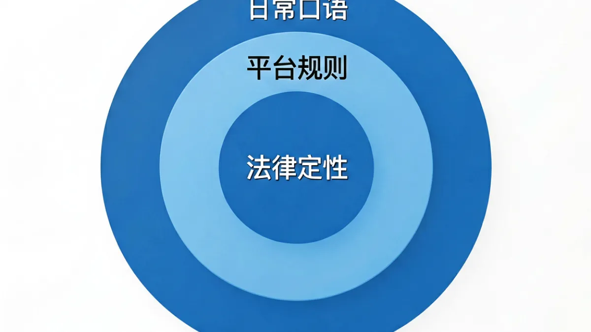 图示三个同心圆，分别代表口语定义、平台规则和法律定性三个层次，直观呈现黄色视频概念的层级关系